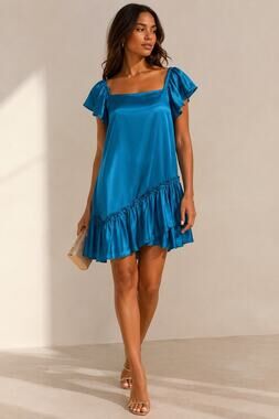 Cinq à Sept Teal Satin Off Shoulder Ruffle Mini Dress Size 2 Cocktail Party